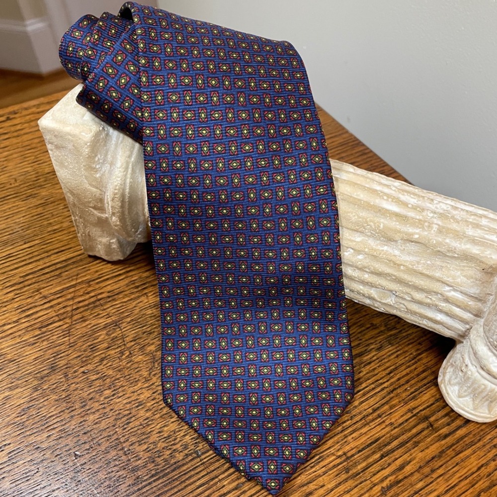 Lauren Ralph Lauren Silk Tie Mens Navy Blue Red Gold Geometric Medallion USA